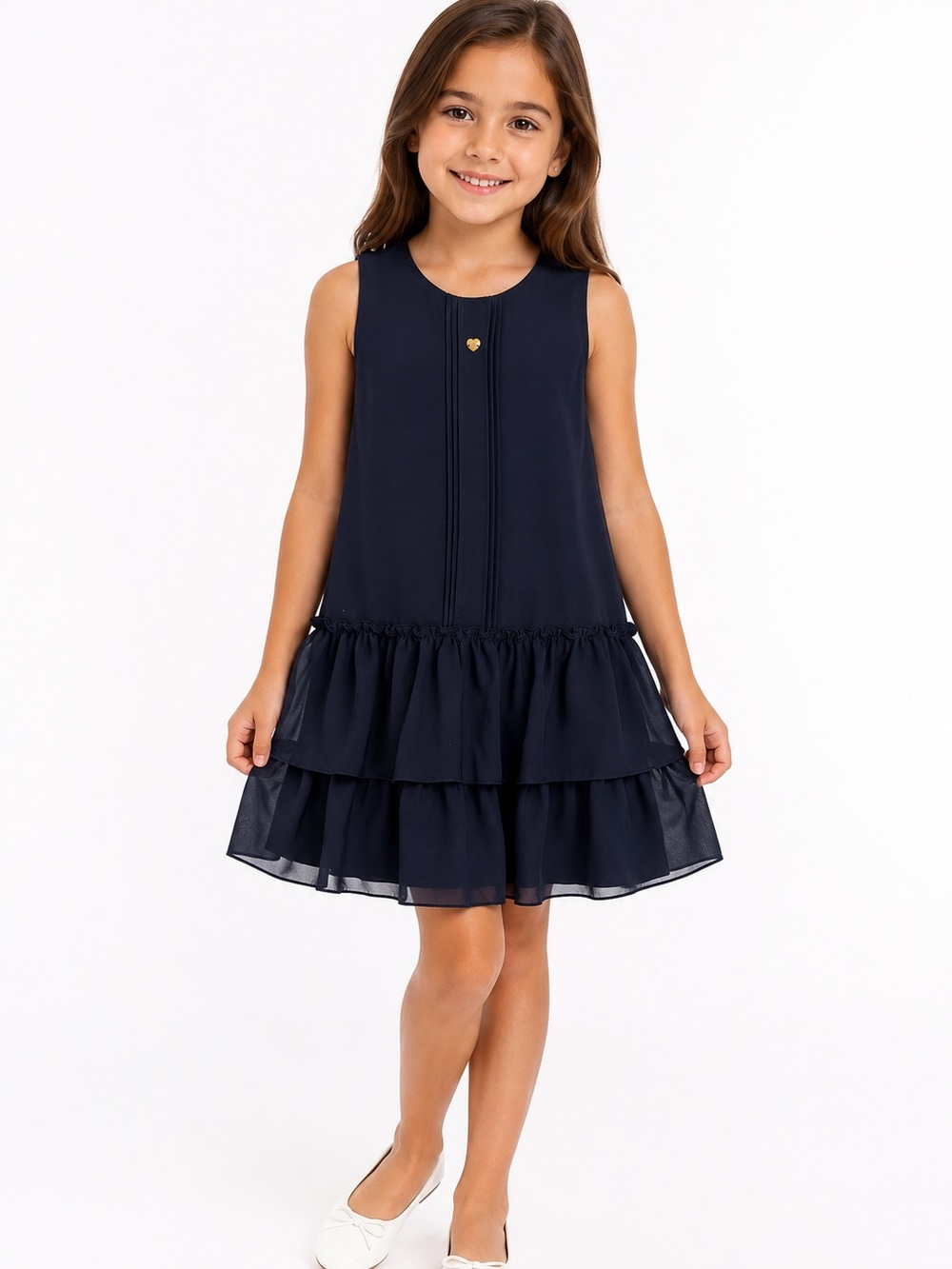 Armani Junior Navy Tiered Chiffon Dress with Heart Accent Size 8